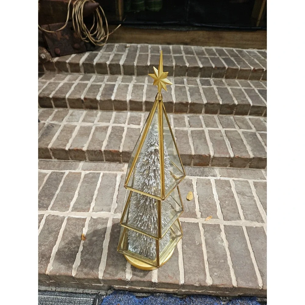 VTG Gold Table Top Christmas Tree Lighted GLASS ENCASED Hollywood Regency 24